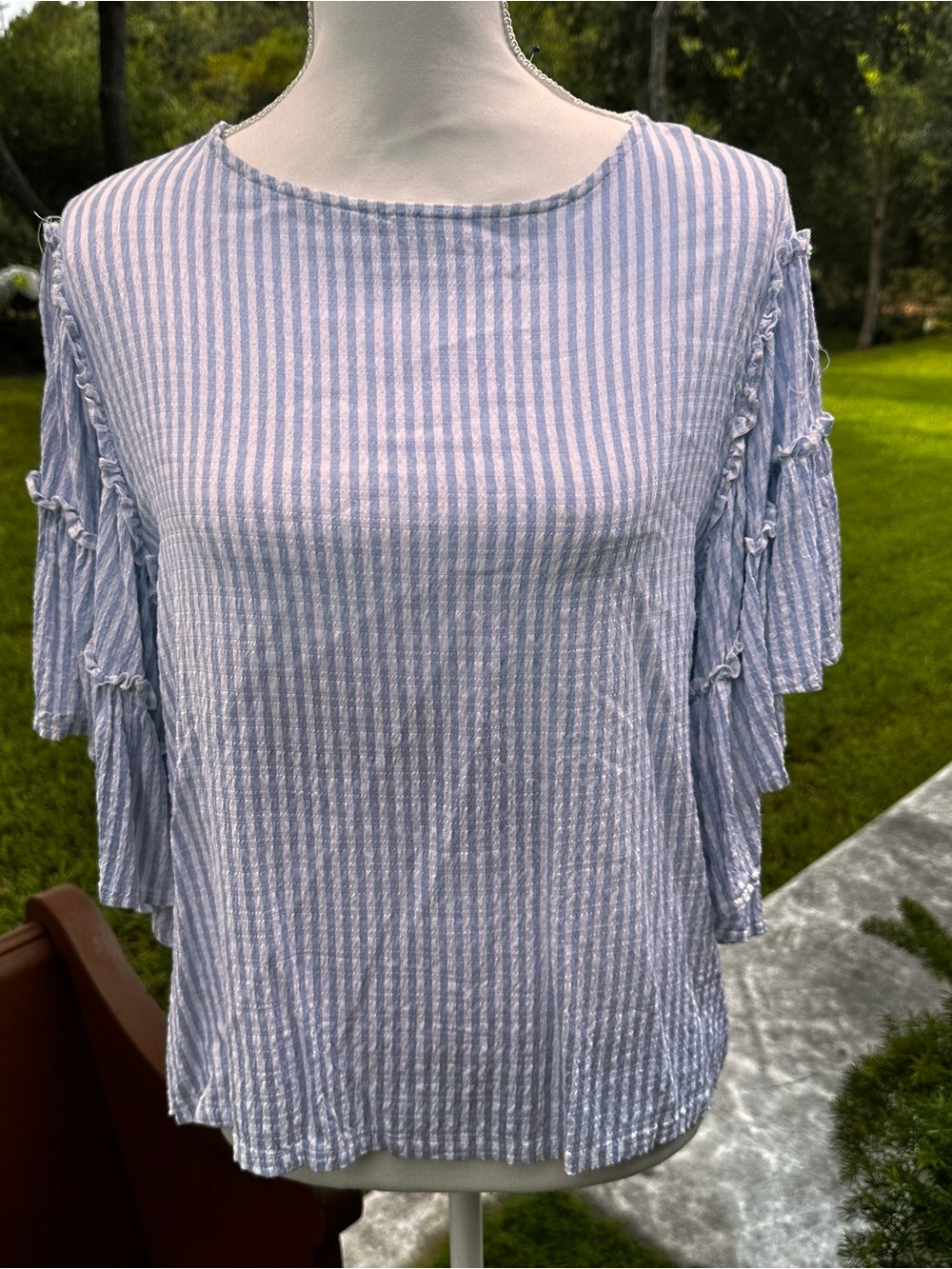 Chelsea & Theodore Light Blue and White Striped Ruffle Sleeve Top